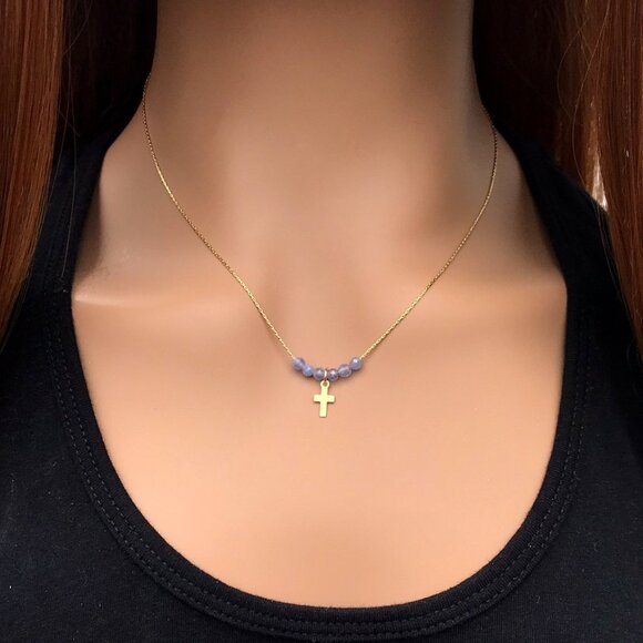 Beaded Cross necklace, gold, Easter gift, Christian gift, minimalist, gemstone, - Picture 1 of 6